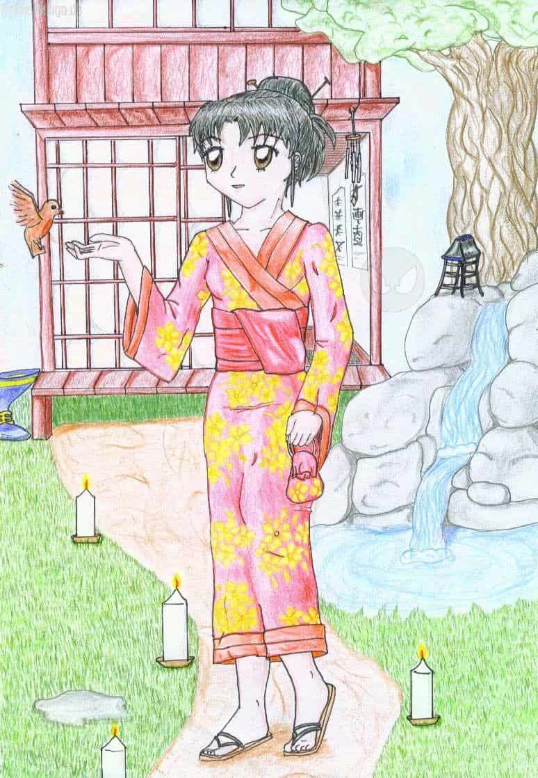 Japanisches Mädchen mit Tempel