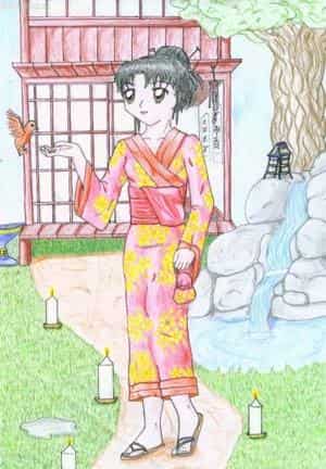 Japanisches Mädchen mit Tempel