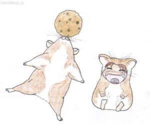 Kind im hamsterkost&uuml;m und Hamster, der Schokoladenkeks belanciert