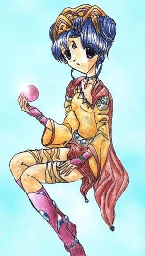 Mädchen das irgendwo in der Luft herumschwebt mit einer Murmel in der Hand die a