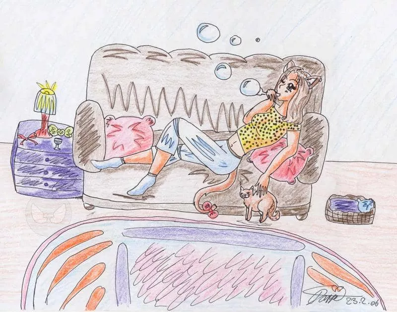 catgirl on the sofa and a little cat