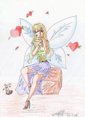 eine fee die wegen dem kleinen Spielzeugkätzchen lacht^^