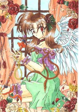 An angel in front of a window with curtains.> __ <