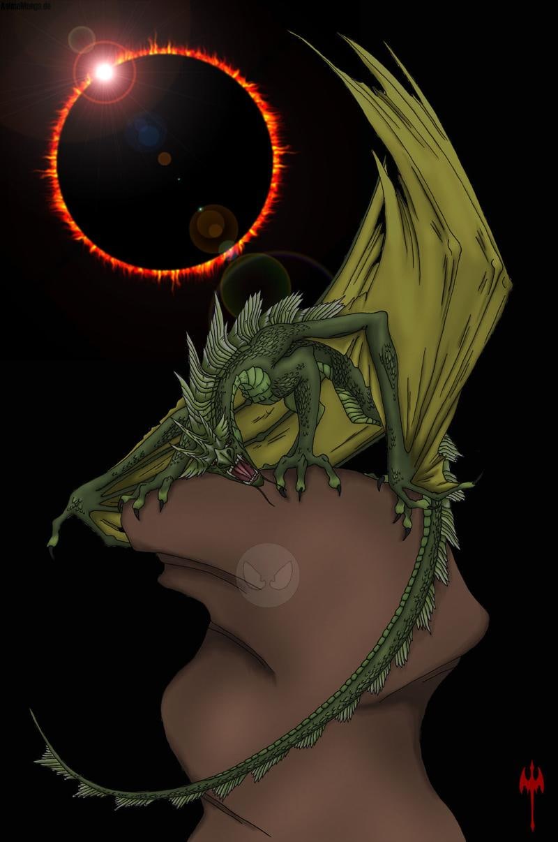 Grüner Drache in Sonnenfinsternis