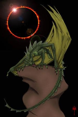 Grüner Drache in Sonnenfinsternis
