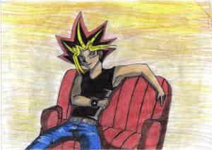 er hat ein knallrotes sofa, auf diesem sofa sitzt er allein..