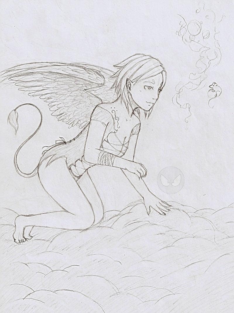 Geflügeltes Mädchen mit Appetit auf Mäuse