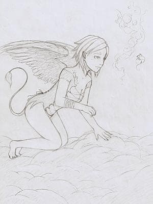 Geflügeltes Mädchen mit Appetit auf Mäuse