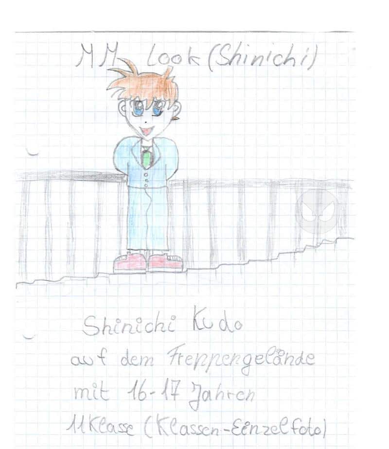 Shinichi auf dem Treppengeländer