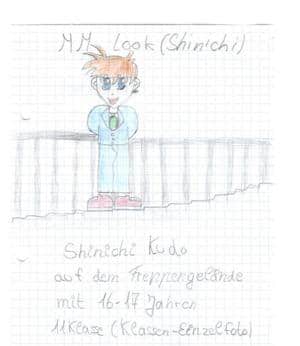 Shinichi auf dem Treppengeländer