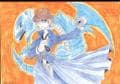 Seto Kaiba and the white Dragon with cold eyes