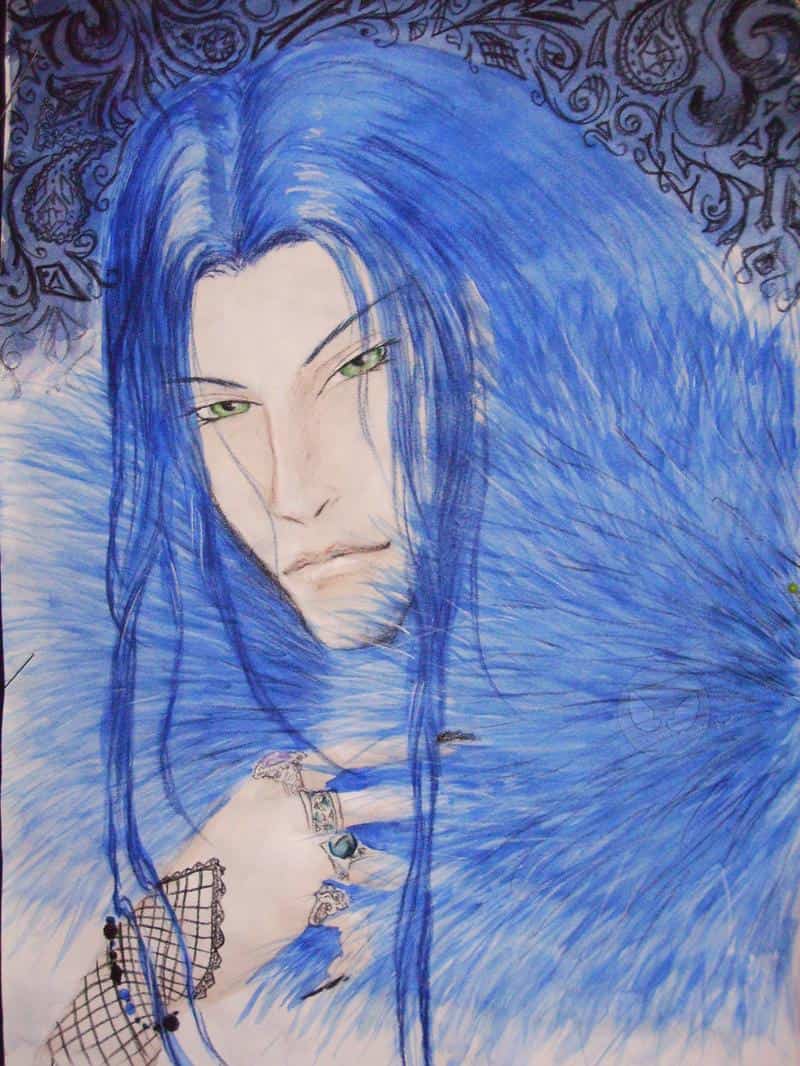 Der mysteriöse Mann mit den langen blauen Haaren und plüsch