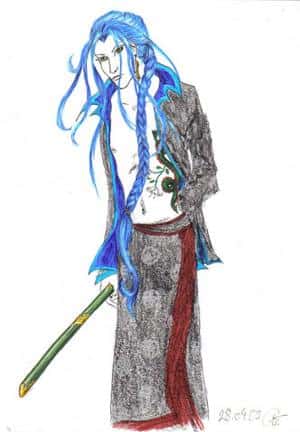 Der mysteriöse mann mit den langen Blauen Haaren mit Schwert